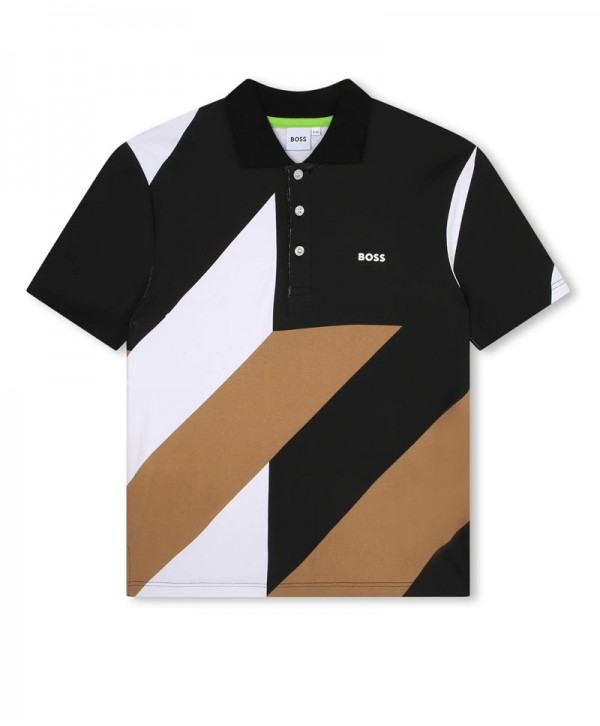 BOSS Boys Black, White & Beige Logo Polo Shirt