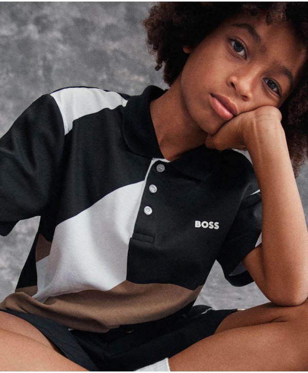 BOSS Boys Black, White & Beige Logo Polo Shirt