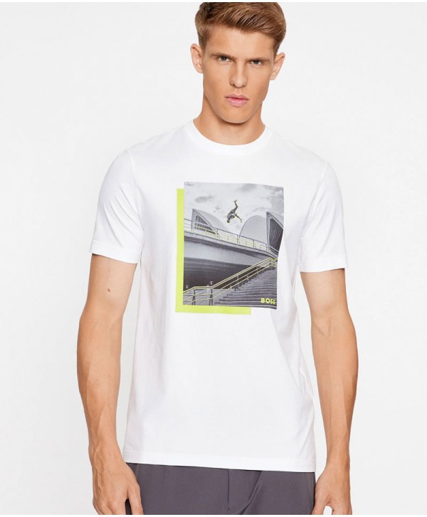 BOSS Photo-print T-shirt in stretch cotton jersey - White