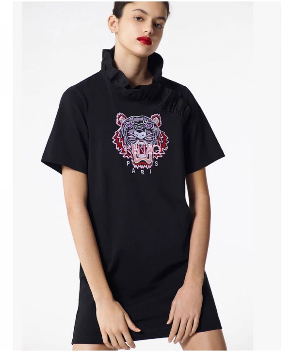 Kenzo Black Dress Embroidered tiger Logo